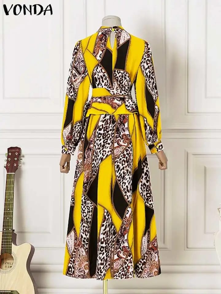 VONDA Summer Bohemian Robe Lantern Sleeve Maxi Sundress Vintage Lady Printed Pleated Long Dress Casual Belted Party Vestido 4XL S4318637 - Tuzzut.com Qatar Online Shopping