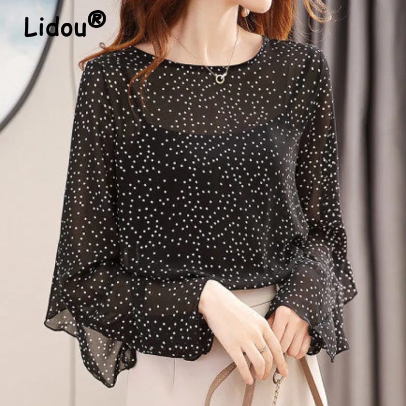 Polka Dots Black Two Piece Set T-shirt Butterfly Sleeve Round Neck Casual Top M X4893739