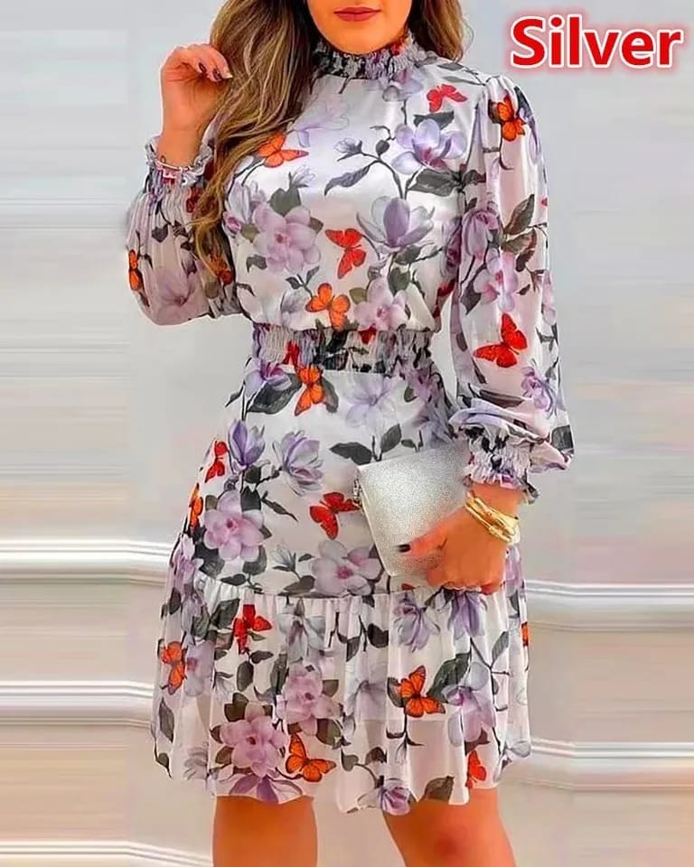 New Summer Evening Dress Ladies Pile Collar Floral Print Dress S S4479714