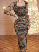 Modely Net Fabric Printed Square Neck Pleated Fitted Midi Dress For Women Maxi Women Outfit Long Evening Dresses    B92410 - TUZZUT Qatar Online Shopping