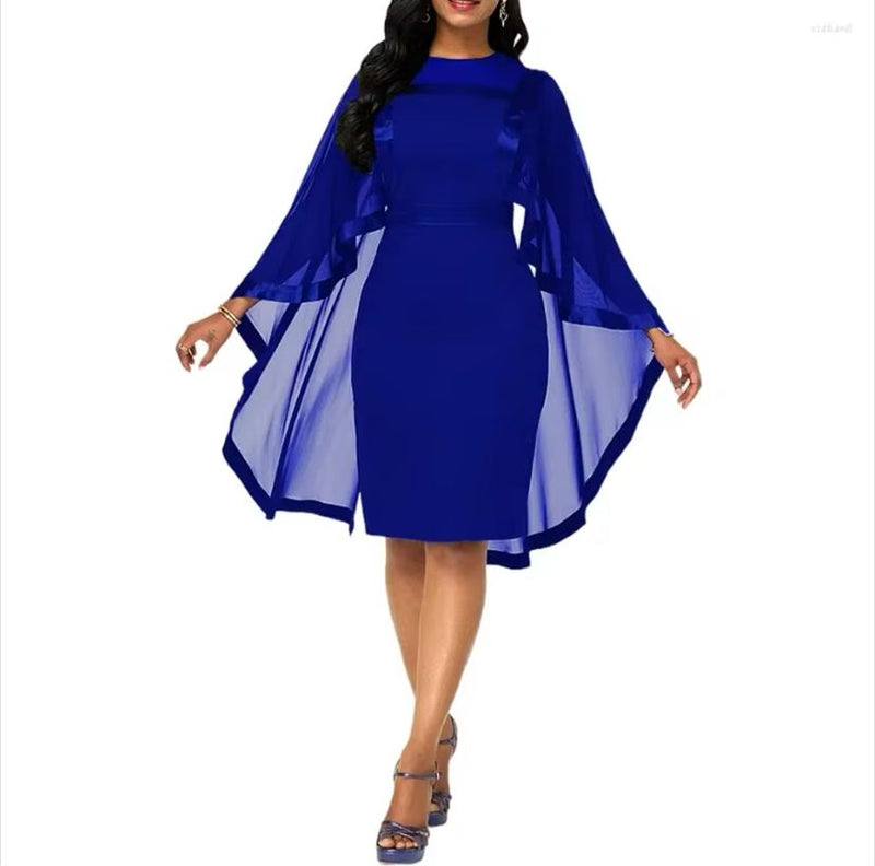 Cape Sleeve Round Neck Dress Formal Wedding Ladies Party Wear 489753 M - TUZZUT Qatar Online Shopping