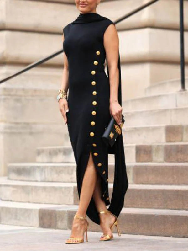 Loose Sleeveless Solid Color Split-side Shawl Collar Maxi Dresses 148613 Loose Sleeveless Solid Color Split-side Shawl Collar Maxi Dresses 148613
