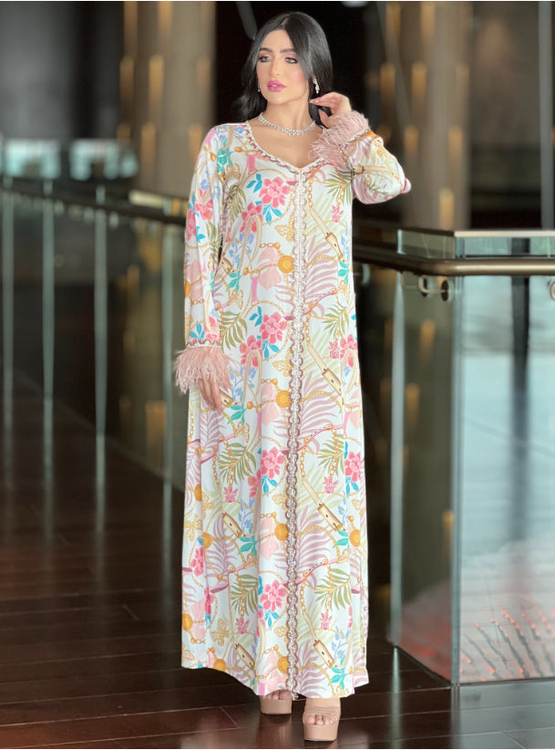 Muslim Woman Dress Moroccan Jalabiya Dubai Rhinestones Beaded V Neck Long Sleeve Feather Patchwork Print Gulf Abayas L S4687278 - Tuzzut.com Qatar Online Shopping
