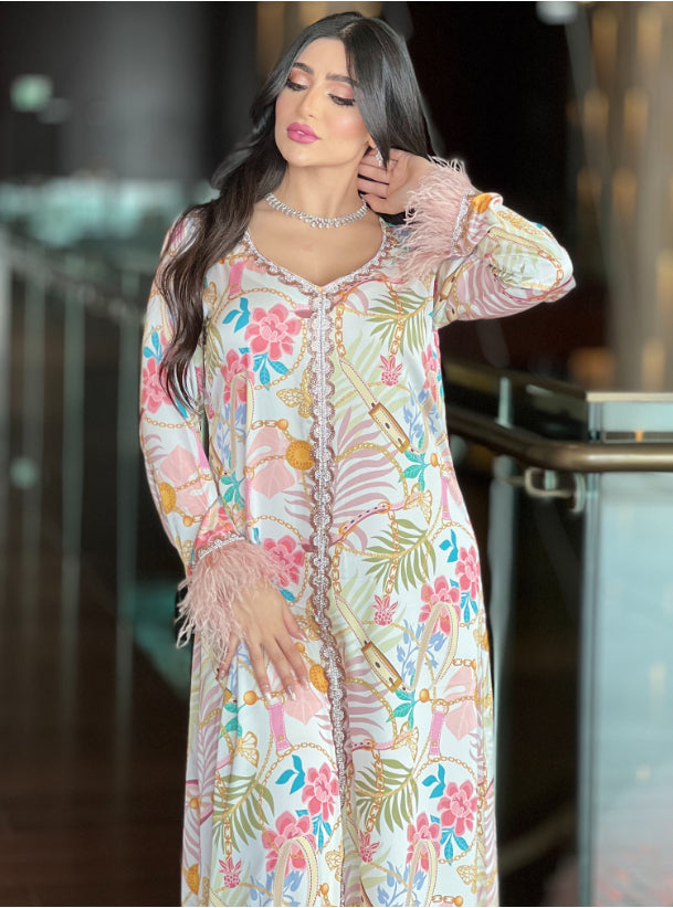 Muslim Woman Dress Moroccan Jalabiya Dubai Rhinestones Beaded V Neck Long Sleeve Feather Patchwork Print Gulf Abayas L S4687278