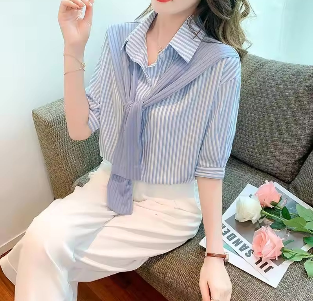 Elegant Fashion Female Polo-Neck Spliced Striped Shirt 561173 Elegant Fashion Female Polo-Neck Spliced Striped Shirt 561173