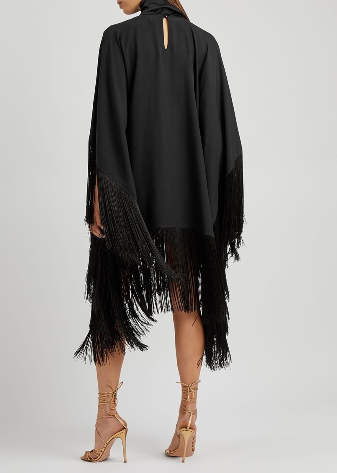 Solid Crepe Modern Elegance Black Fringe Top With Round Neck Belt 109216 Solid Crepe Modern Elegance Black Fringe Top With Round Neck Belt 109216