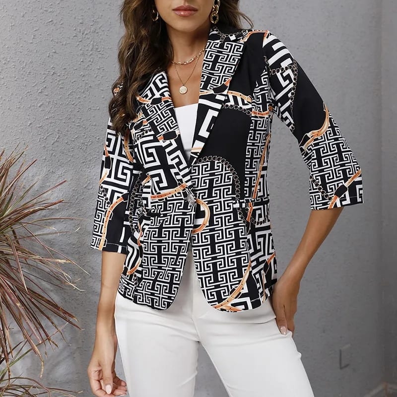 Autumn 3/4 Sleeve Cardigan Jacket Fashion Printing Button Slim Office Lady Blazer Women Elegant Turn-Down Collar Suit Coats S3895453 - Tuzzut.com Qatar Online Shopping