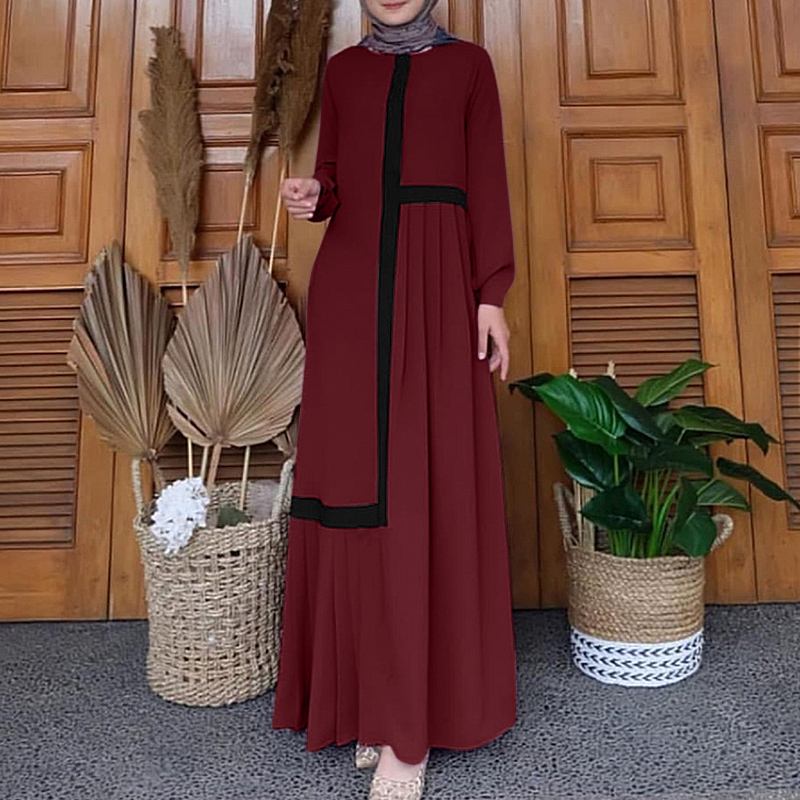 Fashion Muslim Patchwork Dress Women Autumn Pleated Sundress ZANZEA Long Sleeve Turkish Vestidos Female Jilbab Abaya Robe Femme L S4479726 - Tuzzut.com Qatar Online Shopping