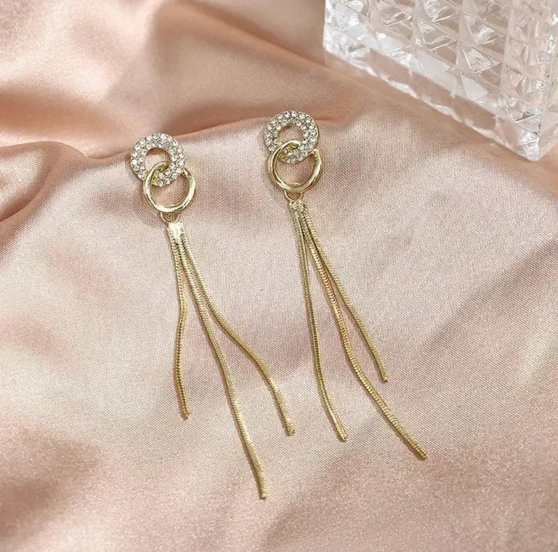 Golden Double Circle Zircon Long Tassel Stud Earrings for Women S3539601 - TUZZUT Qatar Online Shopping
