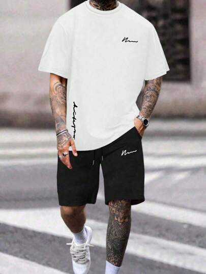 Men's Summer Letter Print Round Neck Short Sleeve Casual T-Shirt Set 2154