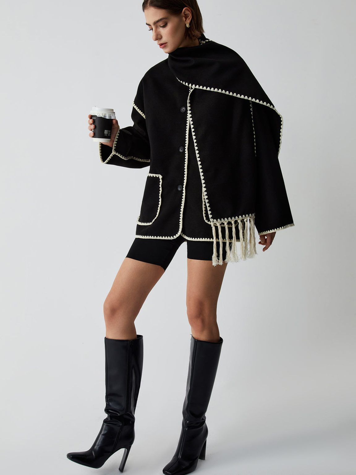 Black Trim Jacket With Matching Scarf 53923 Black Trim Jacket With Matching Scarf 53923