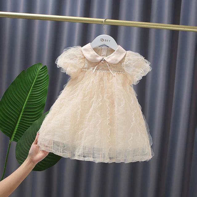 Girls Dress Peter Pan Collar Tulle Party Kids Princess Dresses for Baby Clothes with Pearls S4073253
