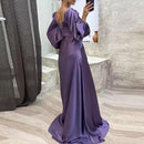 Women's Cocktail Full Length Hem Maxi Dress Luxury Female V Neck Waist Party Dress Elegant Lantern Sleeve Ruffle Satin Dresses   S307518 - TUZZUT Qatar Online Shopping