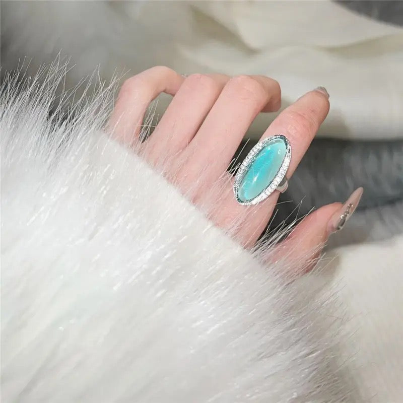 Korean women's retro exaggerated sea blue sterling silver open ring high-end banquet temperament party eye-catching jewelry S4491032 - TUZZUT Qatar Online Shopping