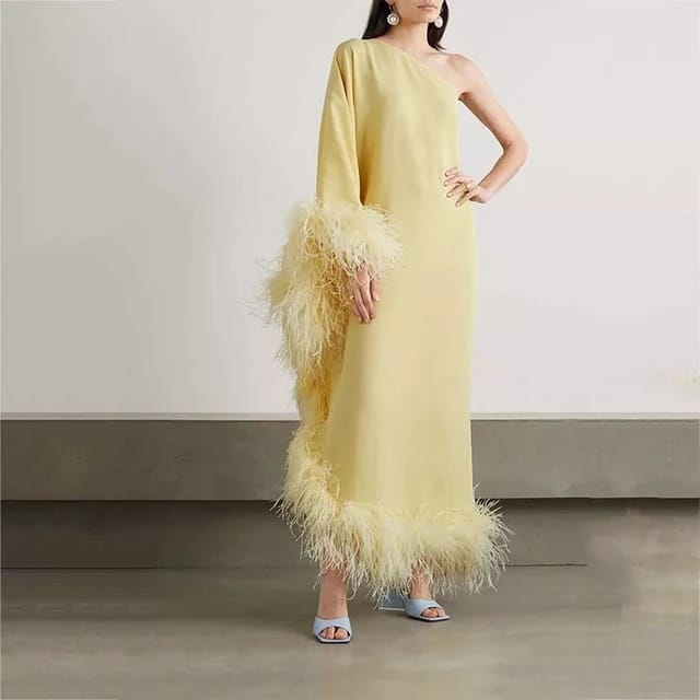 Casual Dress Ostrich Feather- trimmed Crepe Maxi Pretty Party Pastel Yellow Rayon Feather Party Dress 5MVE54 Casual Dress Ostrich Feather- trimmed Crepe Maxi Pretty Party Pastel Yellow Rayon Feather Party Dress 5MVE54