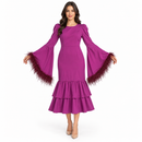 Women’s Magenta Feather-Trim Bell-Sleeve Ruffle Dress SDR 4019 - M