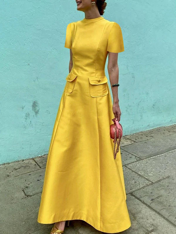 Short Sleeves Pockets Solid Color Split-Joint Round-Neck Maxi Dresses 158662 Short Sleeves Pockets Solid Color Split-Joint Round-Neck Maxi Dresses 158662