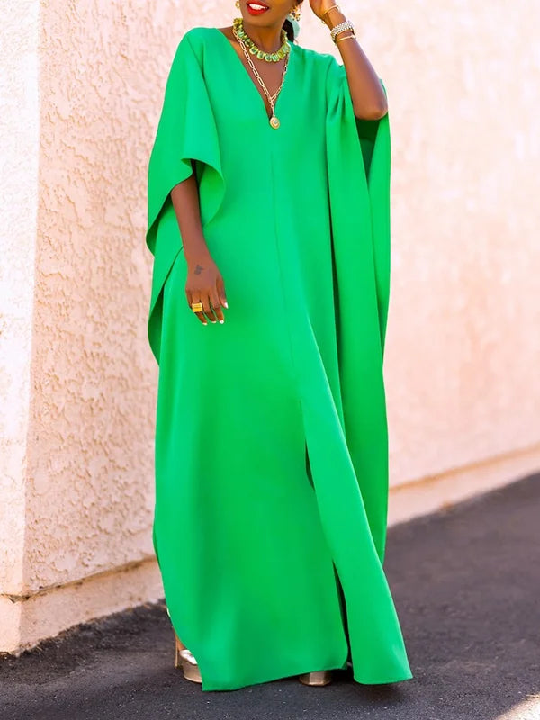 Batwing Sleeves Loose Solid Color Split-Side V-Neck Maxi Dresses 126092 Batwing Sleeves Loose Solid Color Split-Side V-Neck Maxi Dresses 126092