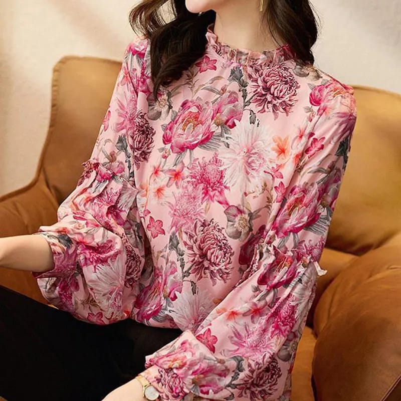 Spring Summer Elegant Fashion Ruffled Floral Print Lantern Long Sleeve Chiffon Shirt Top Ladies Temperament Wild Pullover Blouse S4842928 - Tuzzut.com Qatar Online Shopping