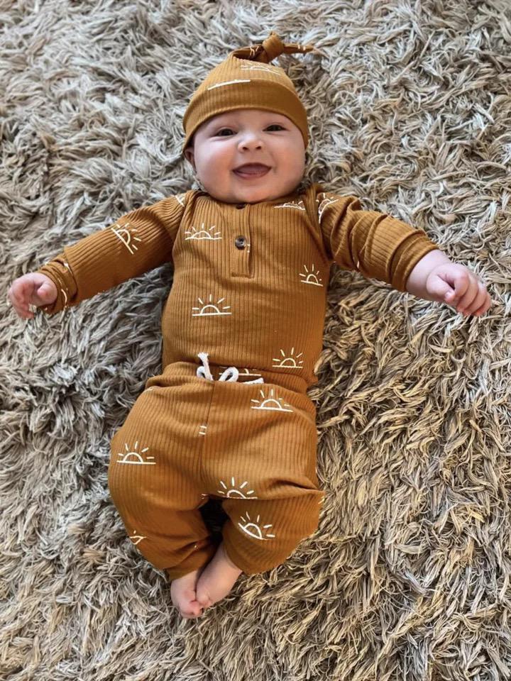 3PCS Baby Boy Clothes Set Spring Autumn Knitted V-neck Romper+infant Pants+Cap Newborn Outfit 20180077 - Tuzzut.com Qatar Online Shopping
