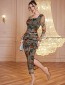 Modely Net Fabric Printed Square Neck Pleated Fitted Midi Dress For Women Maxi Women Outfit Long Evening Dresses    B92410 - TUZZUT Qatar Online Shopping