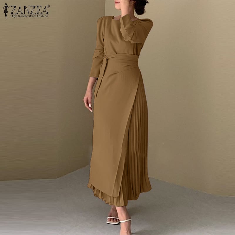 ZANZEA Fashion Long Sleeve Pleated Sundress Kaftan Elegant Women OL Work Dress Spring Solid Lace Up Long Vestido Robe Femme S4370966 - Tuzzut.com Qatar Online Shopping