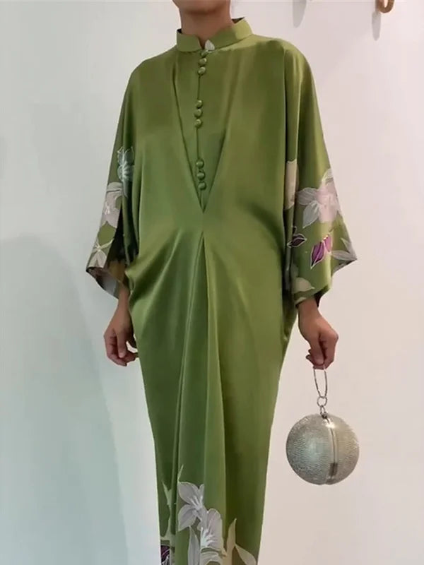 Batwing Sleeves Loose Floral Printed Muslim Pleated Stand Collar Maxi Dresses 133415 Batwing Sleeves Loose Floral Printed Muslim Pleated Stand Collar Maxi Dresses 133415