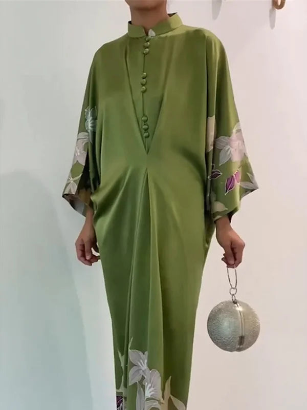 Batwing Sleeves Loose Floral Printed Muslim Pleated Stand Collar Maxi Dresses M 133415
