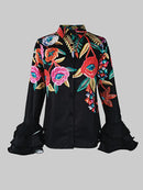 Flared Sleeves Long Sleeves Buttoned Contrast Color Flower Print Lapel Tops 141965 - TUZZUT Qatar Online Shopping