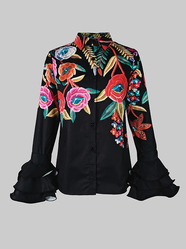 Flared Sleeves Long Sleeves Buttoned Contrast Color Flower Print Lapel Tops 141965 Flared Sleeves Long Sleeves Buttoned Contrast Color Flower Print Lapel Tops 141965