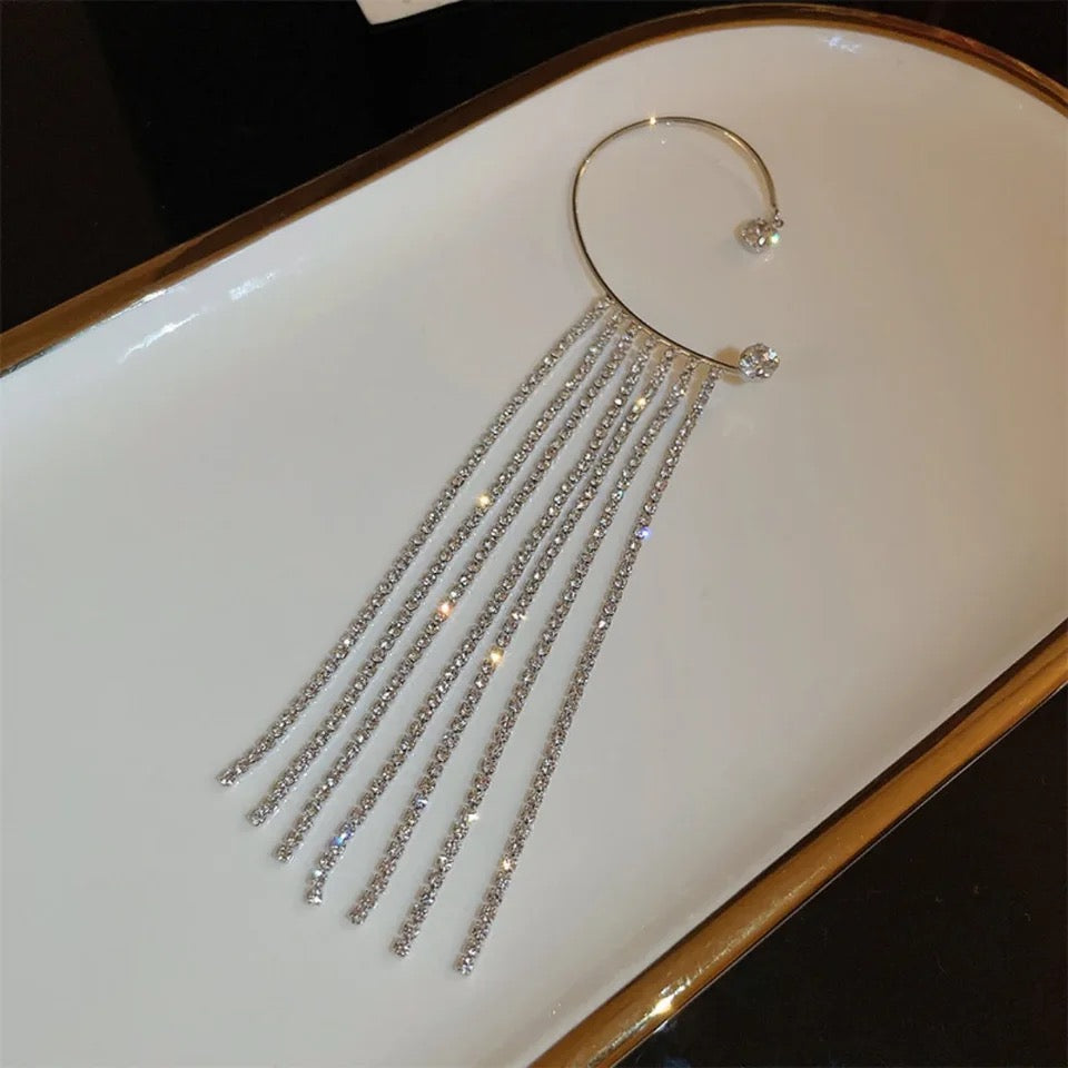 1pc Pierced Long Chain Tassel Silver Color Crystal Eearrings Hook Cuff For Women 1pc Pierced Long Chain Tassel Silver Color Crystal Eearrings Hook Cuff For Women