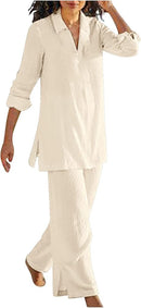 Women's Vintage V-neck Hemp Loose Shirt High Waist Wide Leg Pants   B-95075 - TUZZUT Qatar Online Shopping