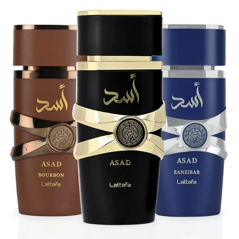 Asad, Asad Zanzibar & Asad Bourbon EDP Sprays 100ML By Lattafa | ASAD SIGNATURE TRIO - TUZZUT Qatar Online Shopping