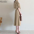 Stylish V neck Dress Women's Summer Sundress ZANZEA Casual Puff Sleeve Mid-calf Vestido Female Solid Holiday Robe S4098767 - Tuzzut.com Qatar Online Shopping