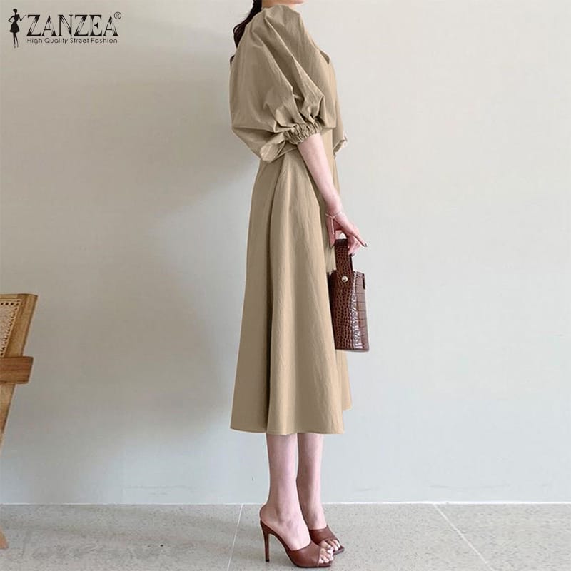 Stylish V neck Dress Women's Summer Sundress ZANZEA Casual Puff Sleeve Mid-calf Vestido Female Solid Holiday Robe S4098767 Stylish V neck Dress Women's Summer Sundress ZANZEA Casual Puff Sleeve Mid-calf Vestido Female Solid Holiday Robe S4098767