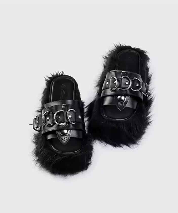 Punk Fur Metal Decor Round Toe Sandals 22823 - TUZZUT Qatar Online Shopping