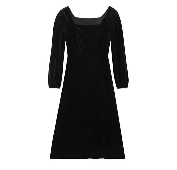 Hepburn Style Velvet Black Square Collar Long Sleeve Women's Dress French Lady Folded Waist Long Dress Autumn Season S4976543 Hepburn Style Velvet Black Square Collar Long Sleeve Women's Dress French Lady Folded Waist Long Dress Autumn Season S4976543