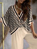 Urban Loose Printed V-Neck T-Shirts Tops& Drawstring Wide Leg Pants Suits M 110265 - TUZZUT Qatar Online Shopping