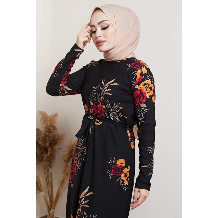 Women's Black Floral Patterned Hijab Dress S264733 Women's Black Floral Patterned Hijab Dress S264733