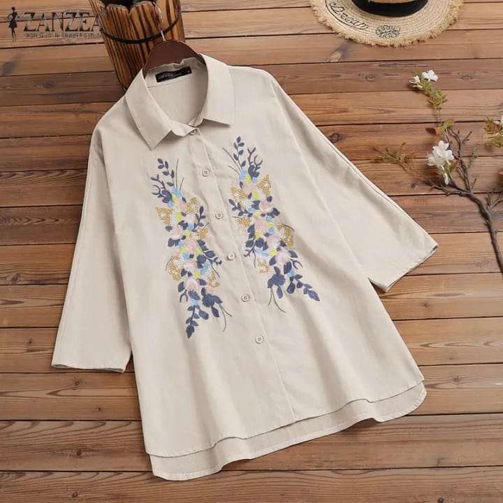 ZANZEA Women 3/4 Sleeves Lapel Shirt Casual Floral Embroidery Cotton Loose Blouse Top 4XL S4572972
