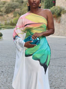 Long Sleeves Loose Asymmetric Flower Print One-Shoulder Maxi Dresses 162749 - TUZZUT Qatar Online Shopping