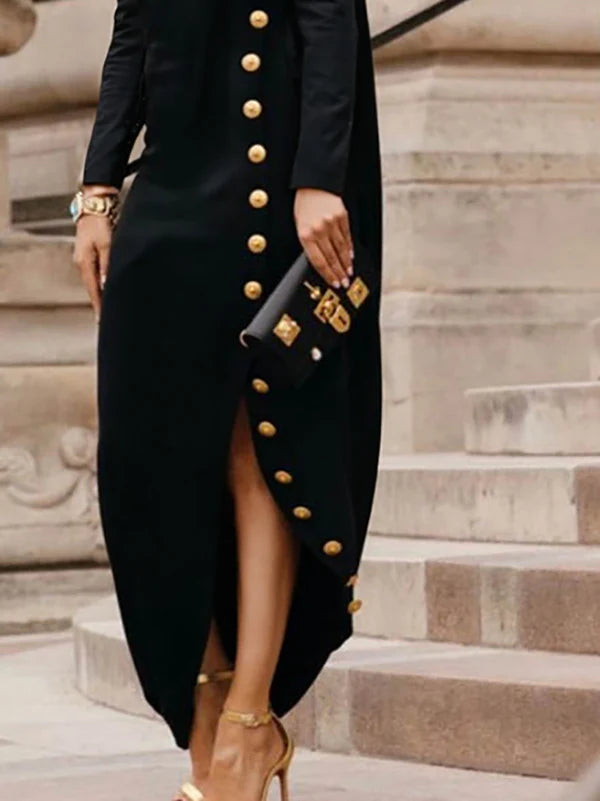 Long Sleeves Loose Asymmetric Buttoned Split-Joint Split-Side Mock Neck Maxi Dresses 173681 Long Sleeves Loose Asymmetric Buttoned Split-Joint Split-Side Mock Neck Maxi Dresses 173681