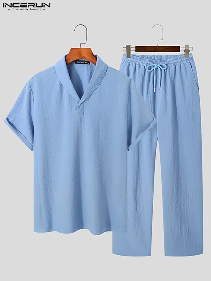 INCERUN Men Sets Solid Summer Lapel Short Sleeve Shirt & Drawstring Pants 2PCS Streetwear Korean Men Casual Suits S S4630766