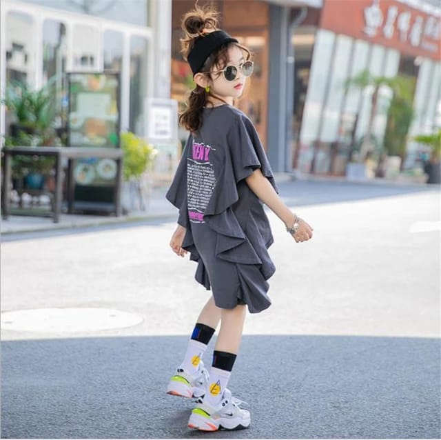 Summer Fashion Children Girl Gray Printed dresses Big Girl Cotton Short Sleeve Side Ruffle Dress S4478156 - Tuzzut.com Qatar Online Shopping