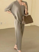 2 Pcs Women's Solid Color Pants Set L 406270 - TUZZUT Qatar Online Shopping