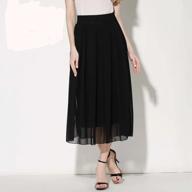 Woman Long Pleated Chiffon Skirt Solid Black High Waist Elastic Chiffon Skirt Office Elegant Maxi Elegant Pleated Skirt S4285767 - Tuzzut.com Qatar Online Shopping