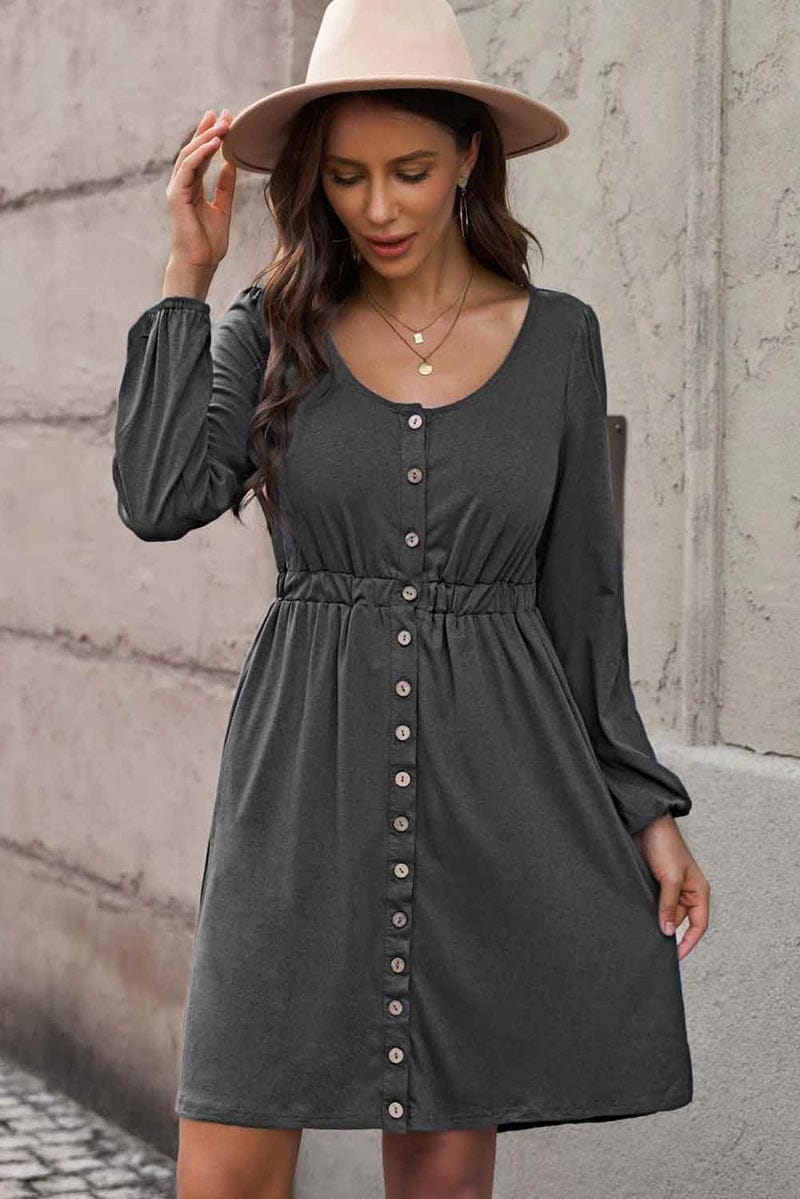 Plus Size Button Front Elastic Waist Long Sleeve Dress S210343 Plus Size Button Front Elastic Waist Long Sleeve Dress S210343