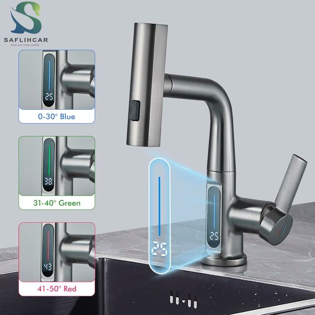 Waterfall Pull Out Kitchen Faucet with Digital Display Hot Cold Mixer Smart Faucet New Gray Style
