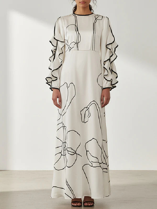 Loose Contrast Color Falbala Flower Print Hollow Zipper Maxi Dresses 150242 Loose Contrast Color Falbala Flower Print Hollow Zipper Maxi Dresses 150242