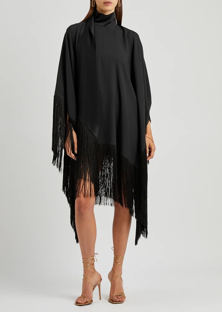 Solid Crepe Modern Elegance Black Fringe Top With Round Neck Belt 109216